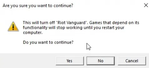 Confirmation dialog to disable Riot Vanguard with a warning message