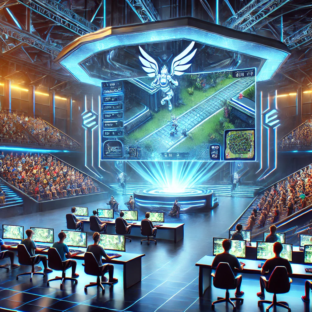 Ilustración futurista de videojuegos destacados como Valorant, Call of Duty y Mobile Legends, con elementos dinámicos.