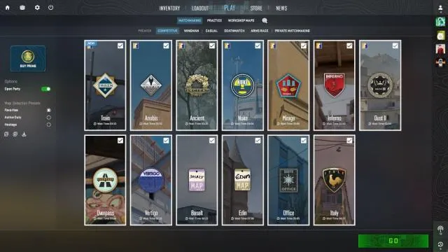 Interfaz de selección de mapa competitivo en CS2