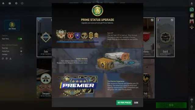 Interfaz para activar Prime Status en CS2